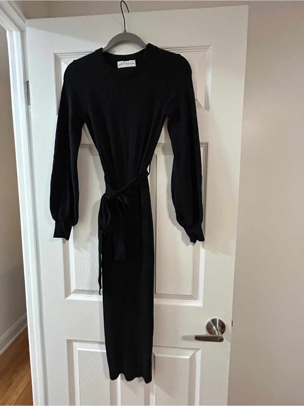 Petal & Pup Black Long Sleeve Ribbed Midi Dress with Waist Tie